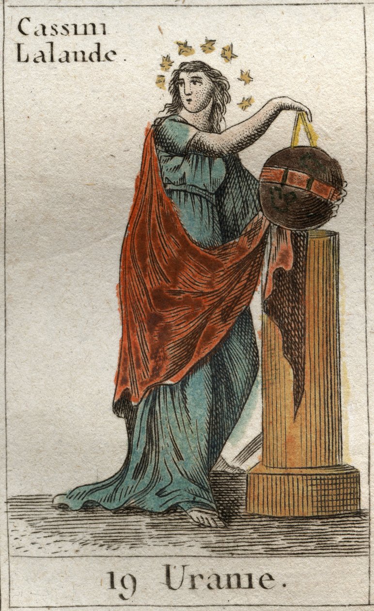 Repræsentation af Urania, muse for astronomi og astrologi, hun holder en globus og et kompas. Fra "Mythology of Youth" af Pierre Blanchard 1803. af French School