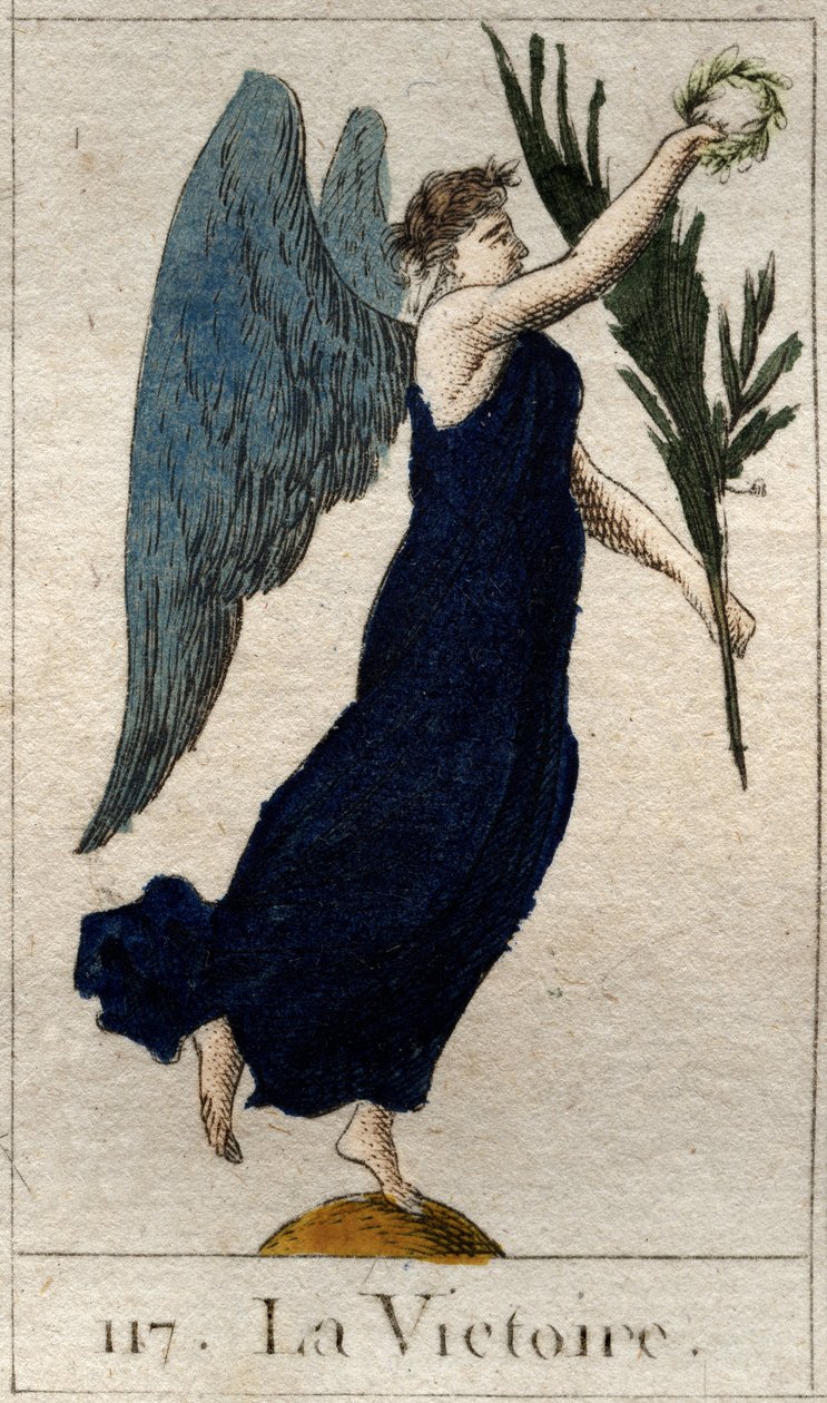 Repræsentation af Victory, kvinde ailee med en olivengren og en laurbærkrans. (Sejren, som en bevinget kvinde, holder hun en olivengren og en laurbærkrone). Fra "Mythology of Youth" af Pierre Blanchard 1803. af French School