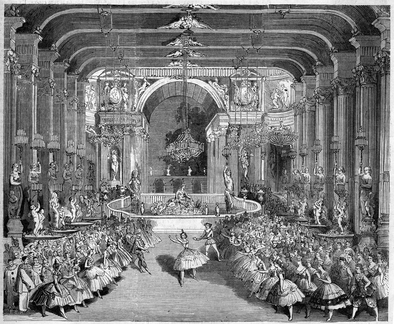 Repræsentation af en ballet: Casino of Messina, scenografi af første akt af "The Star of Messina" på en musik af Nicolo Gabrielli (1814-1891). Indretning realiseret af Edouard Desplechin. Paris, Theatre de l