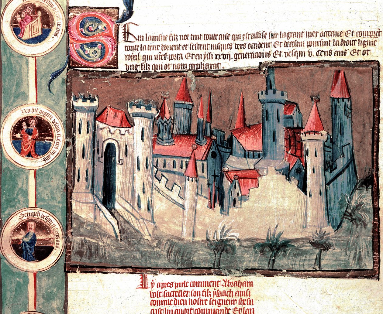 Repræsentation af en befæstet by i Strasbourg-regionen. Miniature på rulle af pergament "" Genealogy of the Bible"" (ms.199) Cremone fra det 14. århundrede, Biblioteca Governativa af French School