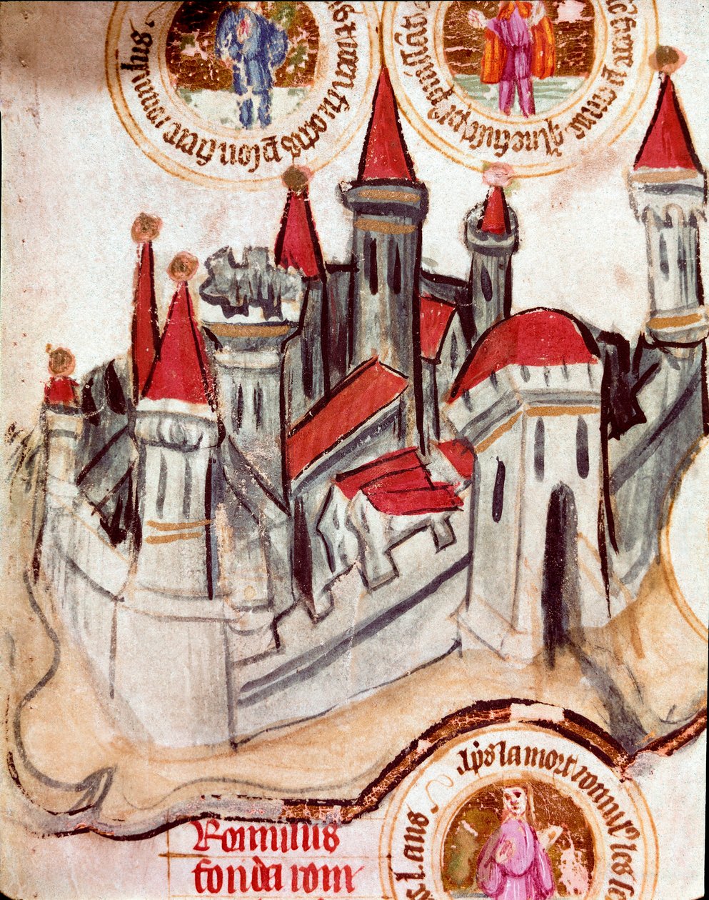 Repræsentation af en befæstet by i Strasbourg-regionen. Miniature på pergamentrulle "Bibelens slægtsforskning" (ms.199) 14. århundrede Cremone, Biblioteca Governativa af French School