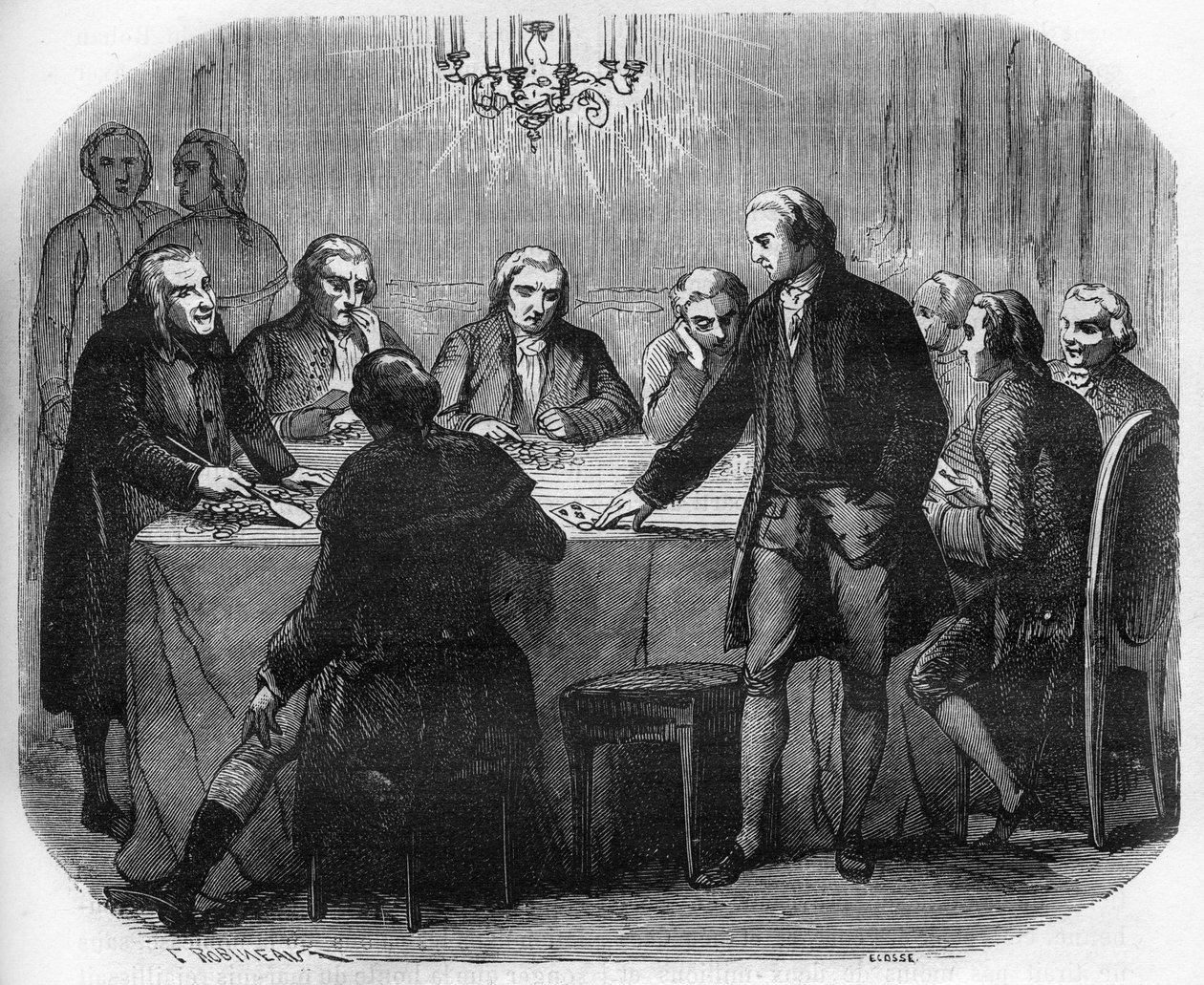 Repræsentation af et spillehus under Ludvig XV. Indstik i "Prostitutionens og udskejelsens historie blandt alle verdens folkeslag fra oldtiden til i dag" af Dr. Th. -F. Debray af French School