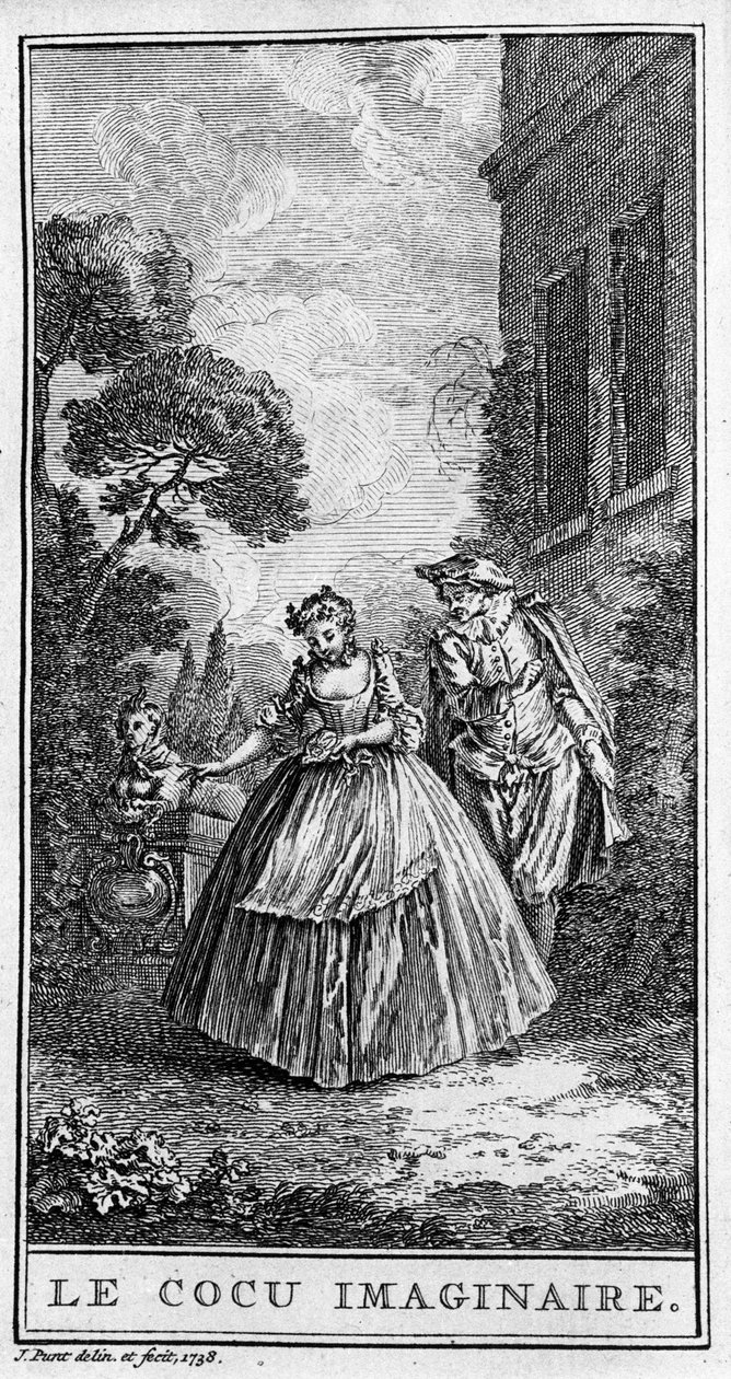 Repræsentation af en scene fra stykket "" Sganarelle ou le cuckold imaginaire"" (1660) af Jean Baptiste Poquelin dit Moliere (1622-1673). Stik fra 1738. af French School