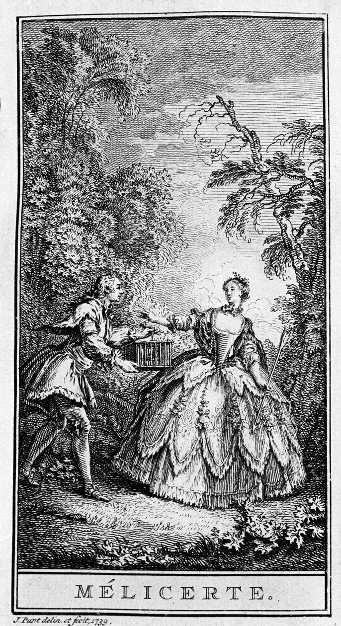 Repræsentation af en scene af stykket "" Melicerte"" (1666) af Jean Baptiste Poquelin dit Moliere (1622-1673). Stik fra 1739. af French School