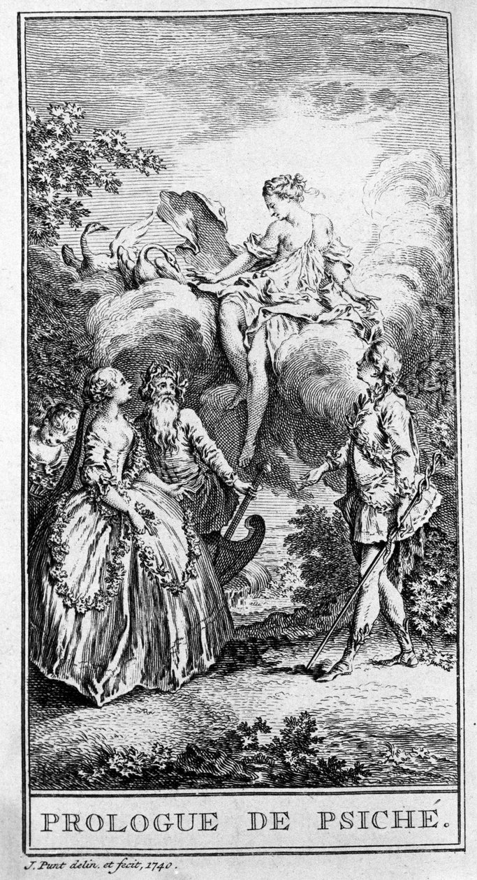 Repræsentation af en scene af stykket "" Prologue de Psyche"" af Jean Baptiste Poquelin dit Moliere (1622-1673). Stik fra 1740. af French School