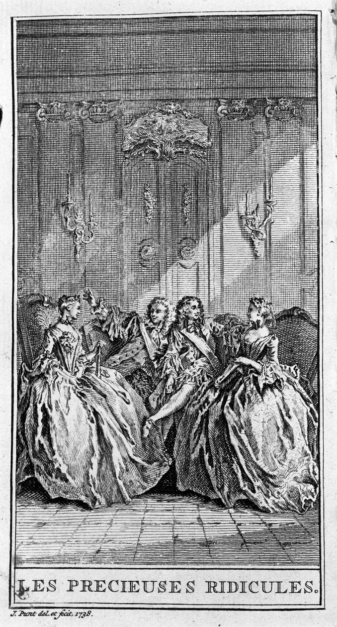 Repræsentation af en scene i stykket "" de dyrebare latterliggørelser"" (1659) af Jean Baptiste Poquelin dit Moliere (1622-1673). Stik fra 1738. af French School