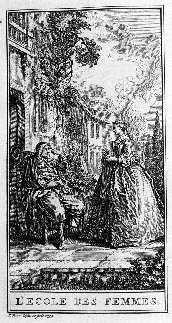 Repræsentation af en scene i stykket ""Kvindernes skole"" (1662) af Jean Baptiste Poquelin dit Moliere (1622-1673). Stik fra 1739. af French School