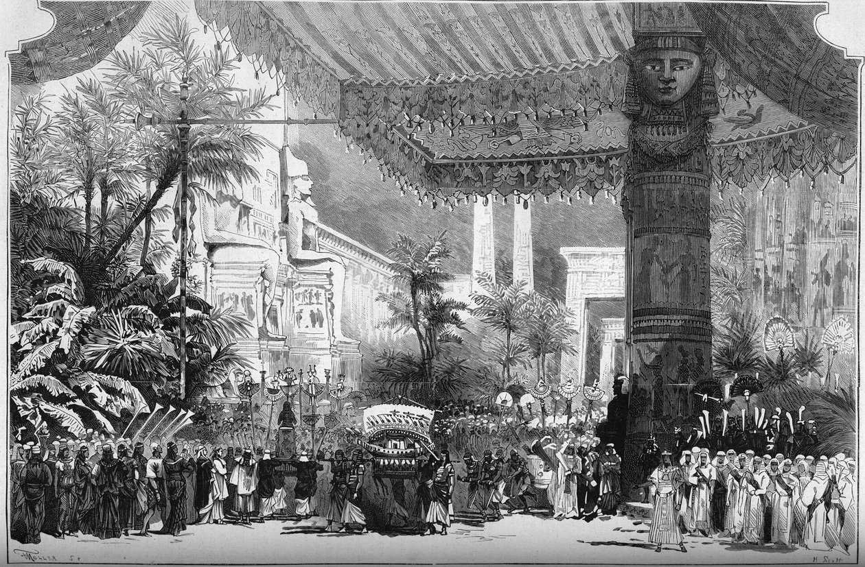 Repræsentation af en opera: "" Aida"" af Giuseppe Verdi (1813-1901). Sfinxens Avenue ved Thebens porte (2. maleri, 2. akt). Indretning af Lavaster Young (John Baptist Lavaster af French School