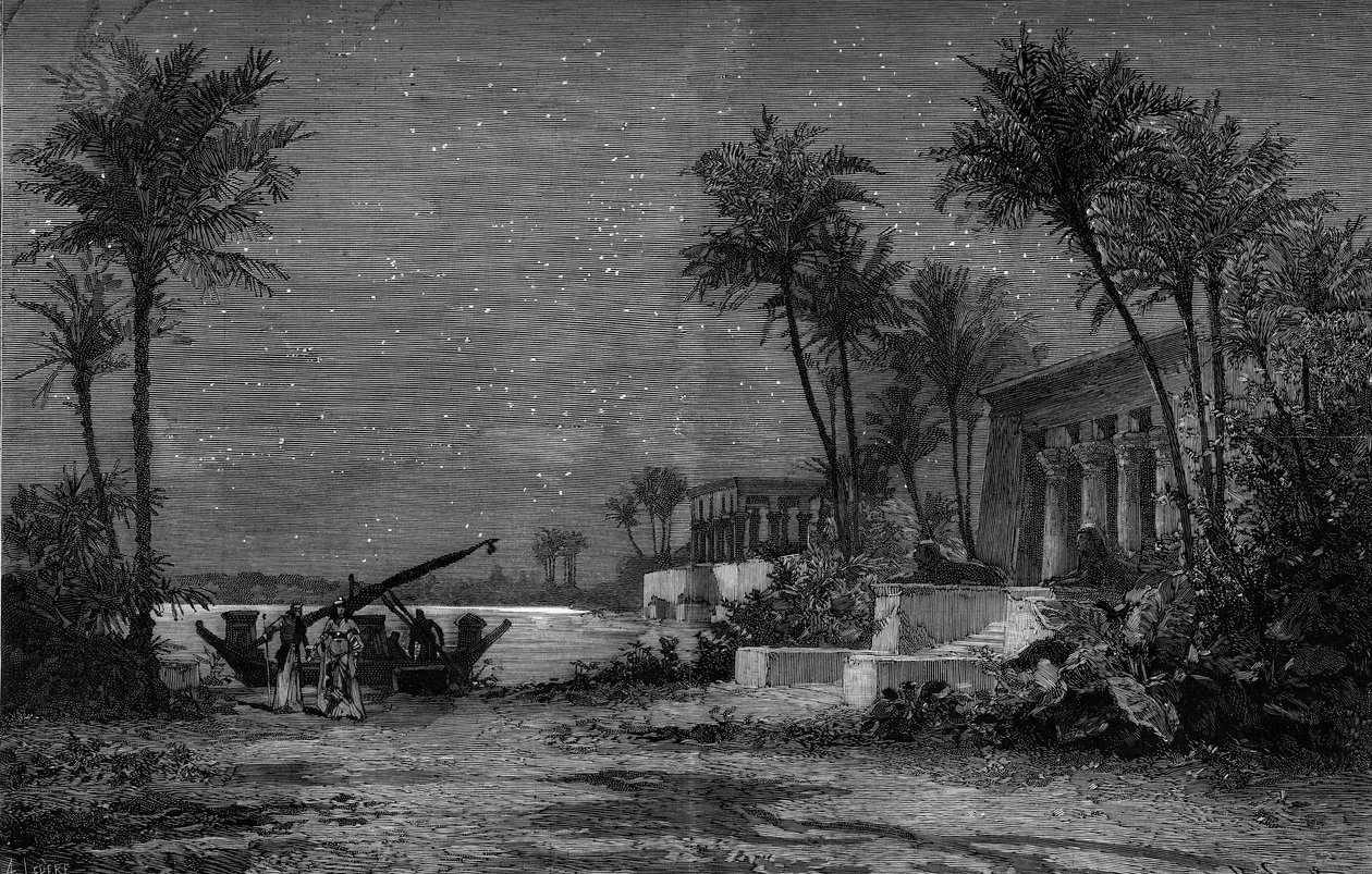Repræsentation af en opera: "" Aida"" af Giuseppe Verdi (1813-1901). Nilens bredder (3. akt). Indretning af Jean Louis Cheret (1820-1882). Indgravering af Scott i "" Le Monde Illustré"" nr. 1201 af 3. april af French School