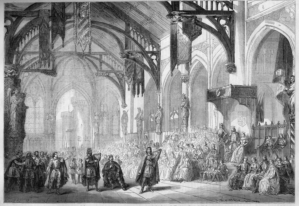 Repræsentation af en opera: Landgrave Palace i Wartburg. Scenografi af anden akt af "Tannhauser" af Richard Wagner (1813-1883). Opera de Paris af French School