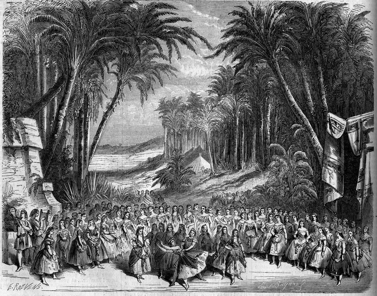 Repræsentation af en opera: Scenografi af anden akt af "Dronningen af Saba"" på en libretto af Michel Carre (1819-1872) og Jules Barbier (1822-1901) og en musik af Charles Gounod (1818-1893). Paris, Theatre de l
