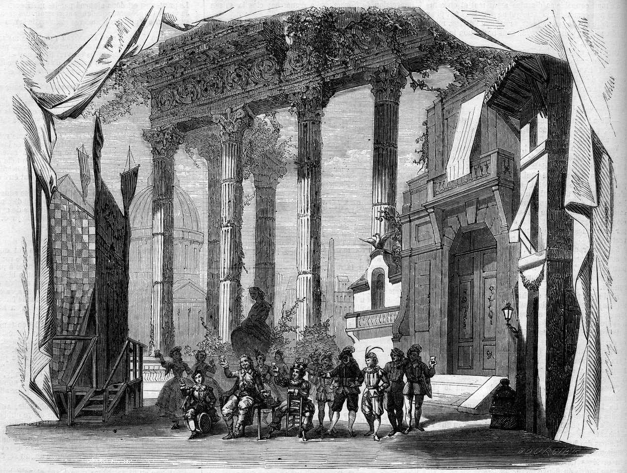 Repræsentation af en opera: Scenografi af 1. akt af "Salvador Rosa" efter en libretto af Henry Trianon (1811-1896) og Eugene Grange (1810-1887) og en musik af Jules Laurent Duprato (1827-1892). Paris, Opera Comique af French School