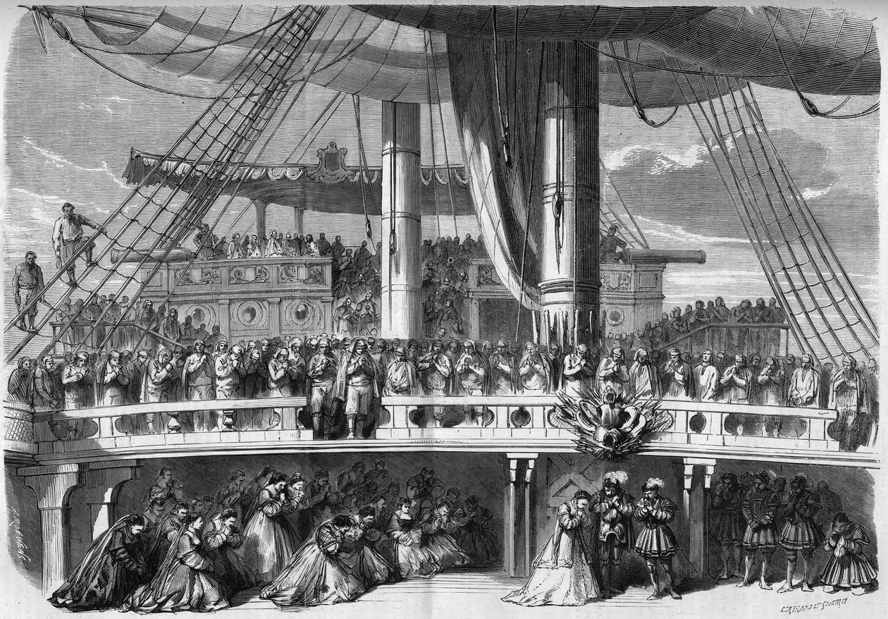 Repræsentation af en opera: indretning af 3. akt af "The African", baseret på en libretto af Eugene Scribe (1791-1861) og en musik af Giacomo Meyerbeer (1791-1864). Episode af Angelus synger på skibet. 1865. Indgravering i "" Le Monde Illustré"" nr. 420 af af French School