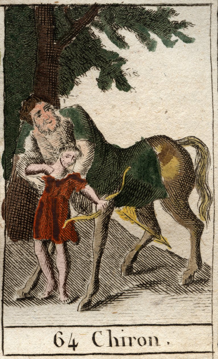 Repræsentation af kentaur Chiron, halv mand halv hest, mester i bueskydning, han underviser i denne kunst i Achilleus. (Repræsentation af kentauren Chiron (Cheiron eller Kheiro), halvt menneske halvt hest. Han lærer den unge Achille bueskydningens kunst).  af French School