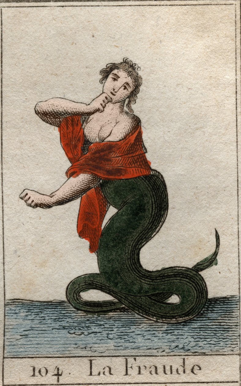 Repræsentation af snyd (uærlighed), som en farlig slange med et smilende kvindehoved). Fra "Mythology of Youth" af Pierre Blanchard 1803. af French School
