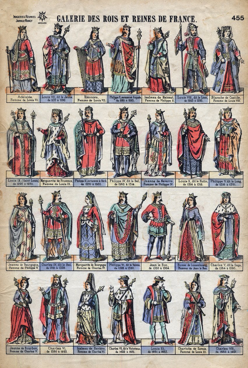 Repræsentation af konger og dronninger af Frankrig fra Capetian-dynastiet (fra Louis VII til Charles VIII). Illustration slutningen af det 19. århundrede. af French School