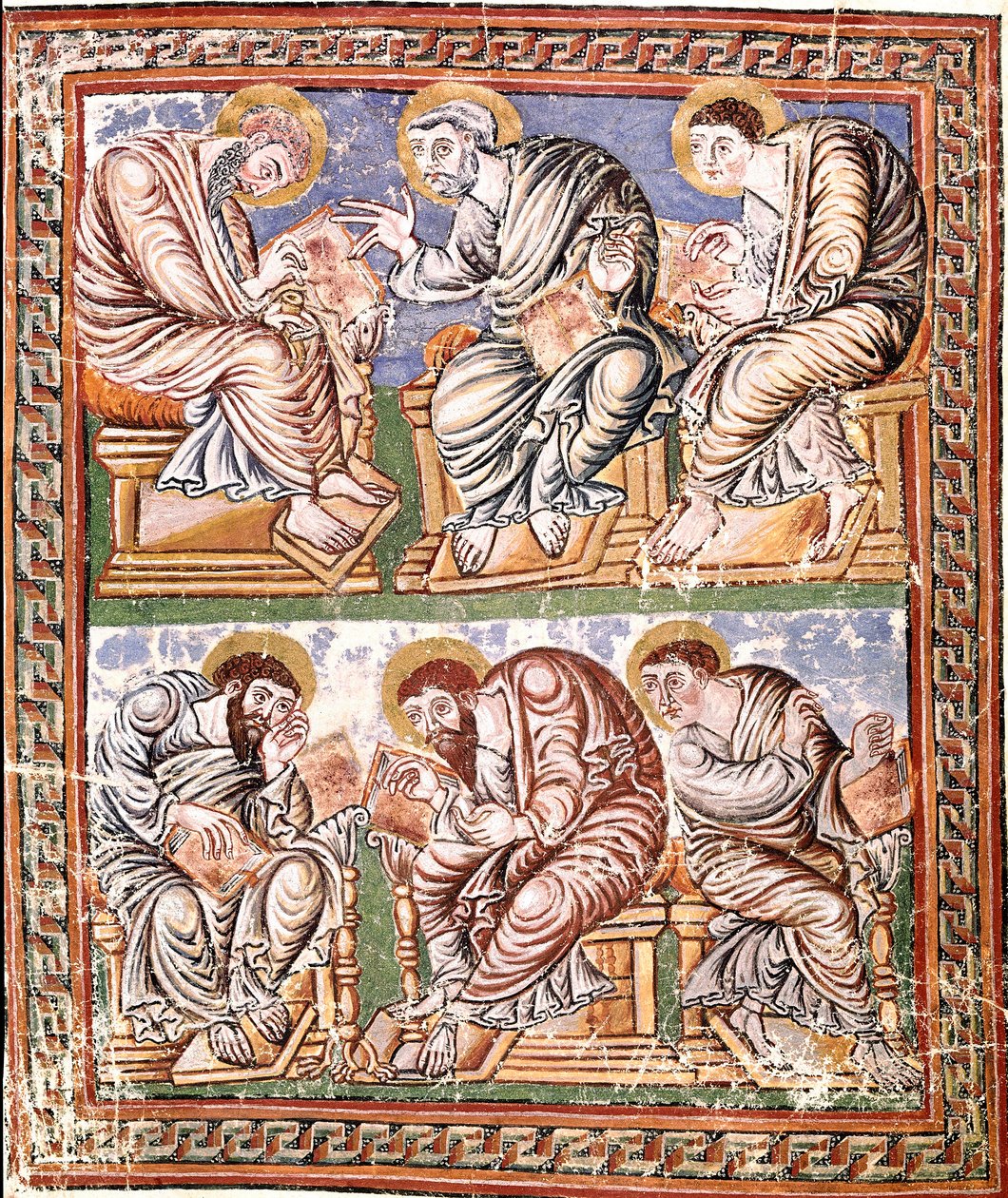 Repræsentation af seks apotres karolingiske miniaturer fra skolen i Reims taget fra "Collectio Canon Hadriana" (Ms A-5 f. 14 v) (sandsynlig samling af decretales redigeed af Incmar de Reims) Slutningen af det 9. århundrede Biblioteca Vallicelliana Rom af French School