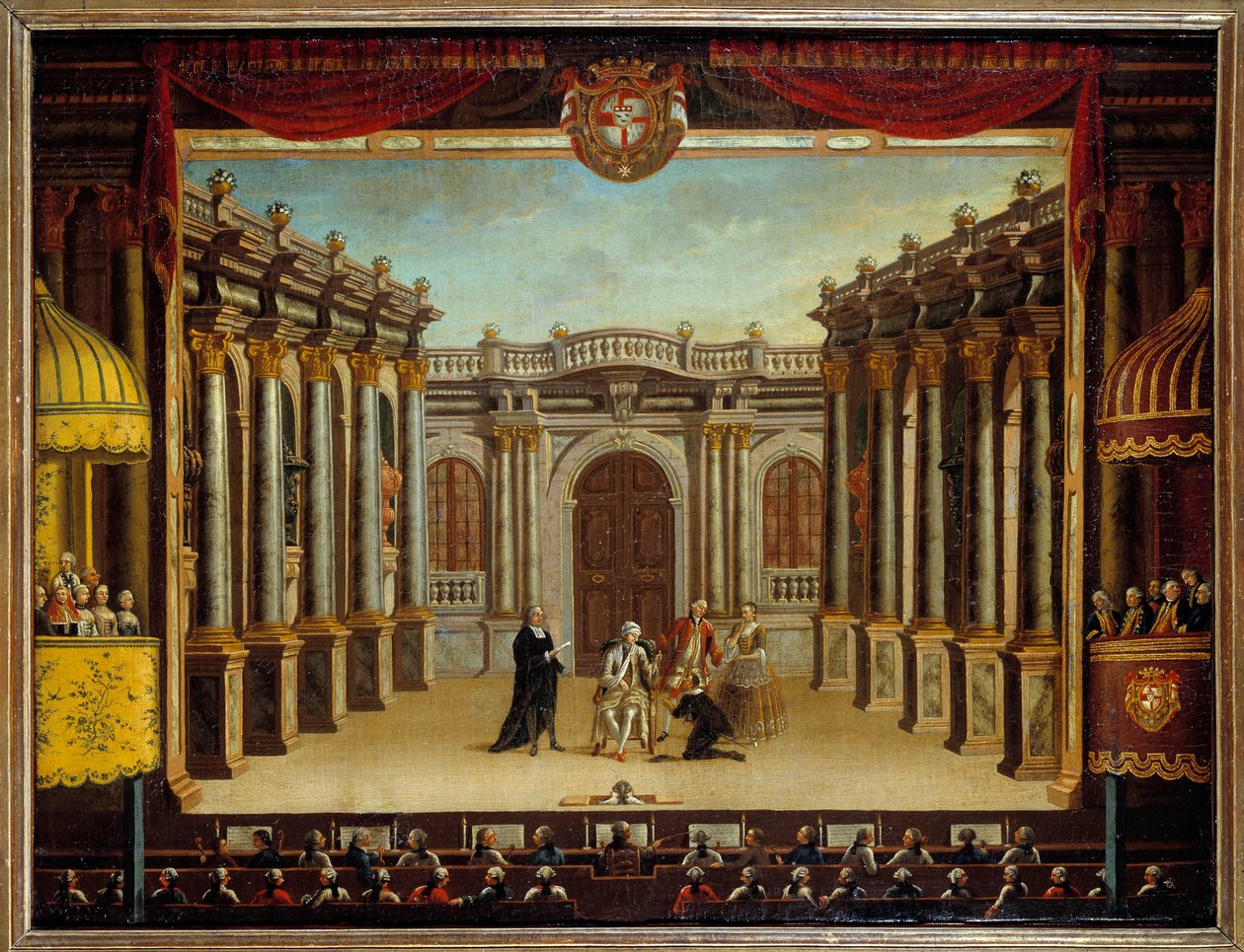 Repræsentation af "" Imaginary Malad" af Jean Baptiste Poquelin dit Moliere (1622-1673) på Menorca Theatre, Spanien; udsigt over scenen. Anonymt maleri af French School