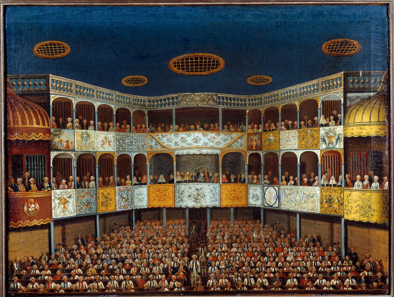 Repræsentation af "" Imaginary Malad" af Jean Baptiste Poquelin dit Moliere (1622-1673) på Menorca Theatre i Spanien; udsigt til salen og publikum. Maleri fra 1700-tallet. Paris, dekorativ kunst af French School