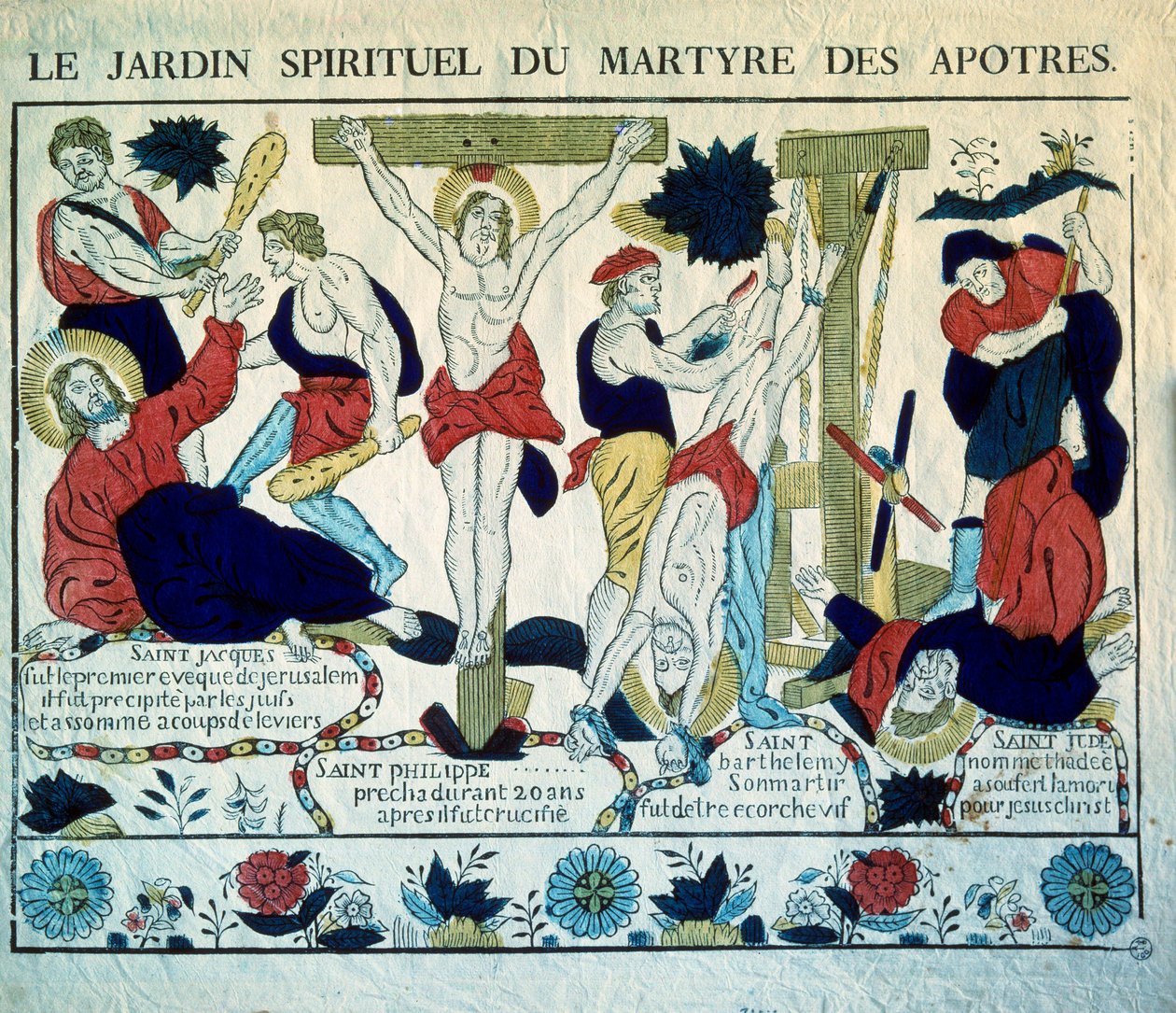 Repræsentation af martyrerne fra Apolerne Sankt Jakob, Sankt Filip, Sankt Barthelemy og Sankt Judas" Stik fra det 19. århundrede. Paris, Museum for folkelig kunst og traditioner af French School