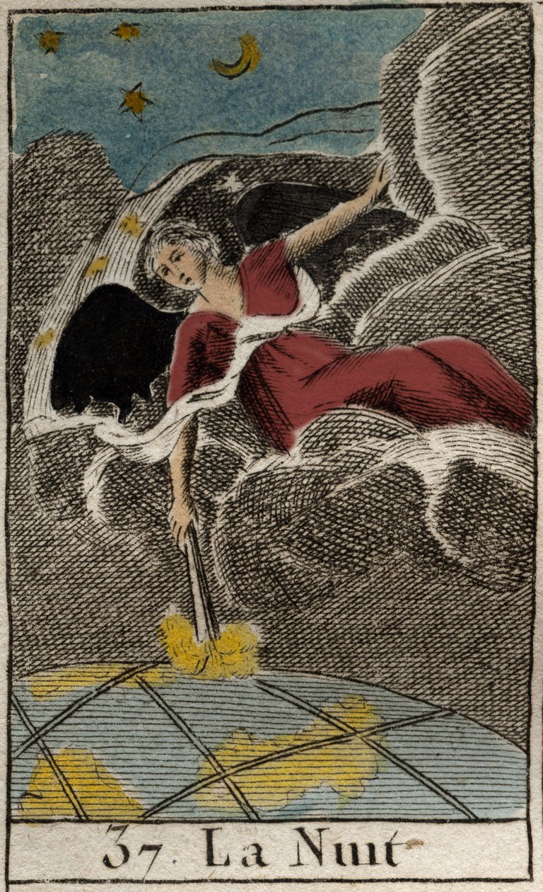 Repræsentation af natten (Nyx), mørkets gudinde. (Nyx (Natten), mørkets gudinde). Fra "Mythology of Youth" af Pierre Blanchard 1803. af French School