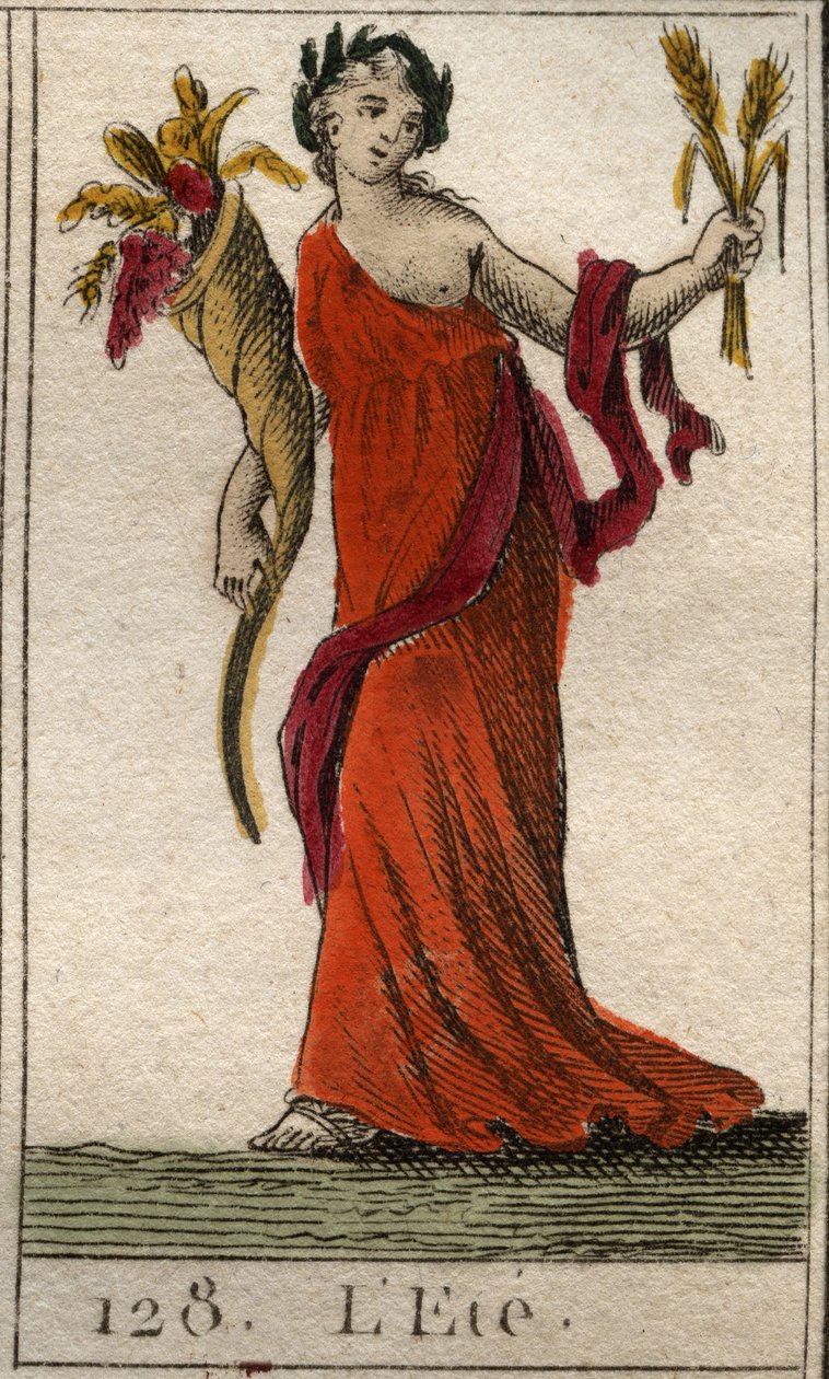 Repræsentation af sommersæsonen som Ceres, der holder en krans af hvede og et horn af overflod. (Sommeren repræsenteret som Ceres, der holder et blad og et overflødighedshorn). Fra "Mythology of Youth" af Pierre Blanchard 1803. af French School