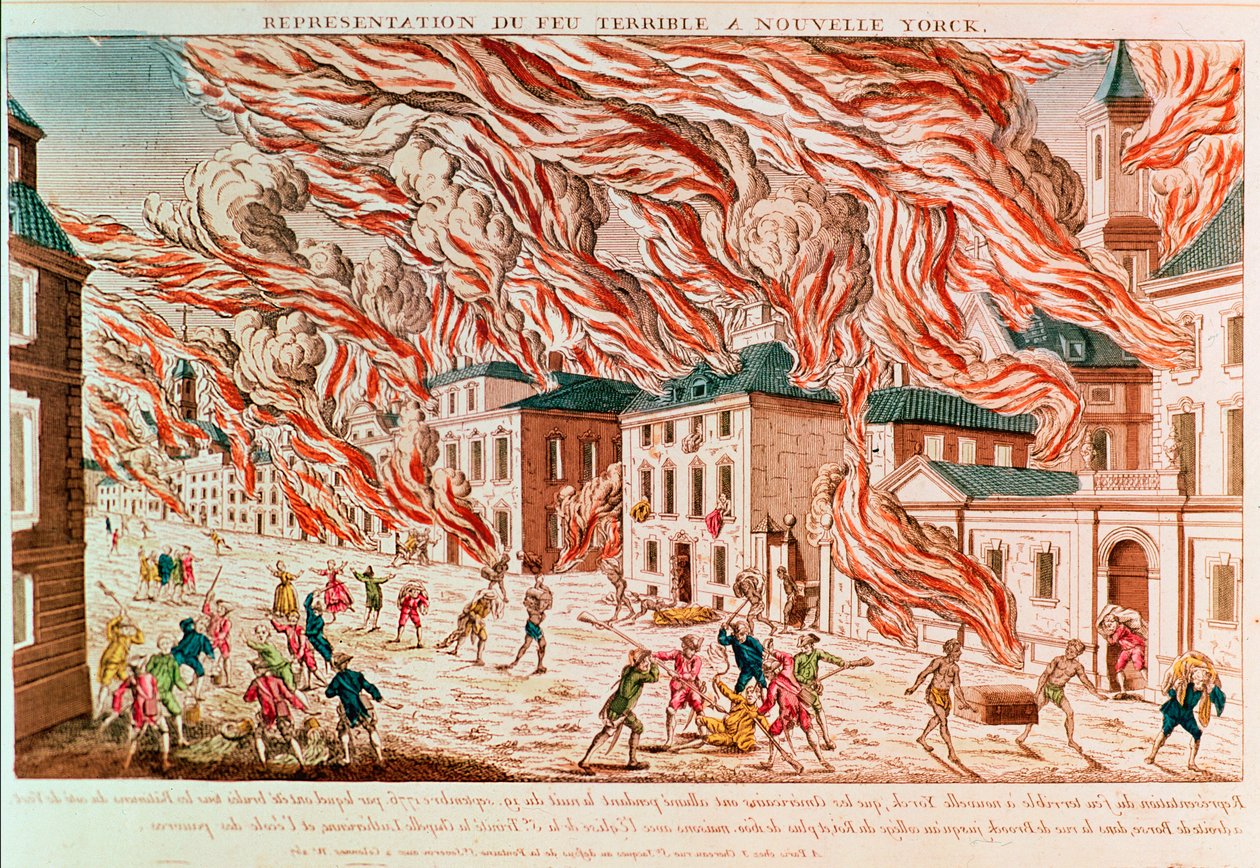 Repræsentation af den frygtelige brand i New York i 1776 (koloreret stik) af French School