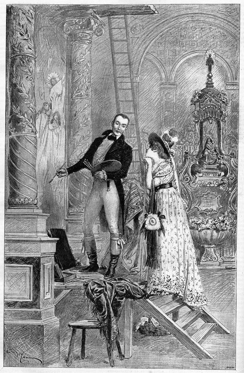 Repræsentation af Tosca, drama af victorianske Sardou ved Theatre de la Porte Saint Martin i 1887. Her akt 1, kirken St. Andrea med Dumeny og Henriette Rosine Bernard kaldet Sarah Bernhardt (1844-1923) af French School