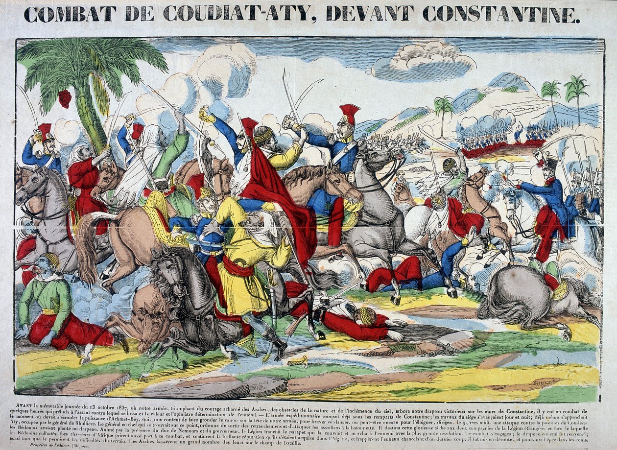 Repræsentation af slaget ved Coudiat Aty, før Konstantin, som førte til erobringen af Konstantin den 13. oktober 1837. Billede af Epinal af French School