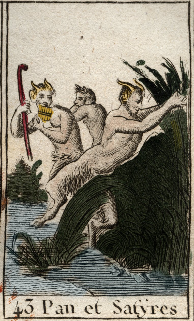 Repræsentation af landsguden Pan og satyrer. Han har behårede lår, gedefødder og spiller fløjte (Syrinx) har flere piber. (Bønderguden Pan, repræsenteret med satyrer, han har lodne ben og gedefødder, han spiller syrinx eller panfløjte) Fra “Mythologie de af French School