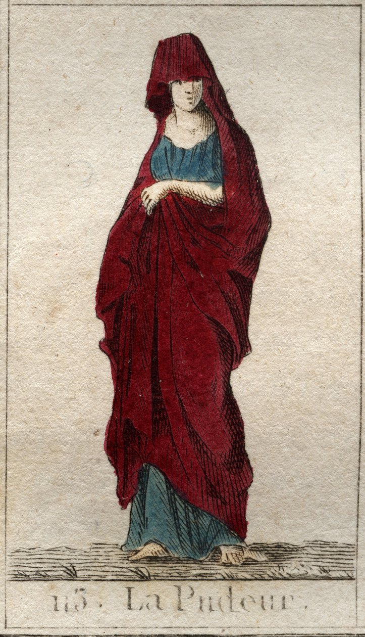 Repræsentation af Modestys guddom, en ung kvinde med et ansigt dækket med et slør. (Repræsentation af Prudishness, som en kvinde med tilsløret ansigt). Fra "Mythology of Youth" af Pierre Blanchard 1803. af French School