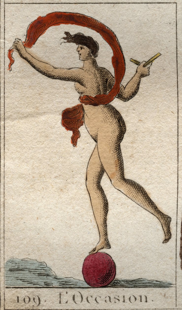 Repræsentation af lejlighedens guddom, en skaldet ung kvinde, med en hårklump for at kunne gribe hende, hun lækker på et hjul, hun holder en barbermaskine og et slør (Representation of Opportunity, som en hårløs kvinde, med en flok for at fange hende, hun  af French School