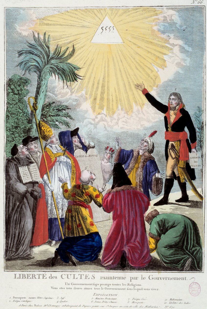 Repræsentation af tilbedelsesfriheden for alle religioner, der opretholdes af Napoleon Bonaparte (1769-1821): den første konsul angiver treenighedens trekant, der symboliserer Gud, der kommer af repræsentanterne for hver religion: katolsk eveque, en jøde,  af French School