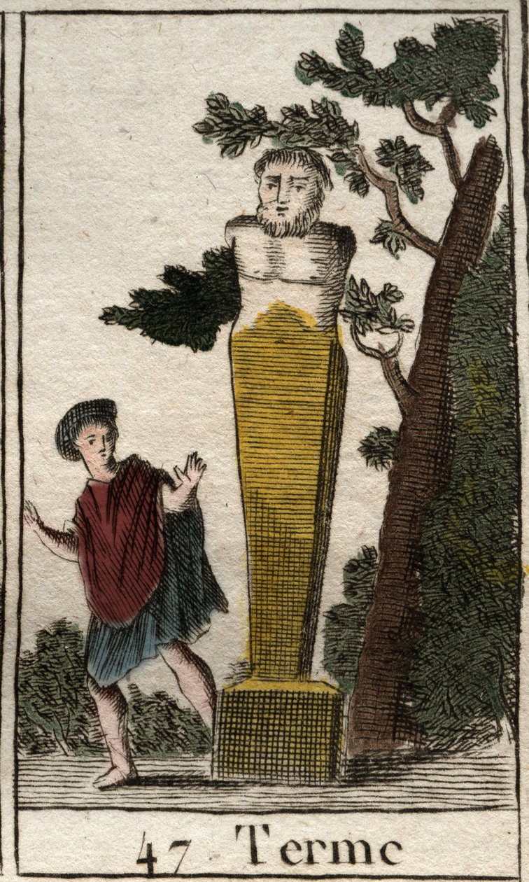 Repræsentation af guden Terme, i form af en terminal, for at markere besiddelser og landområder. (Repræsentation af guds endestation, som en stenterminal af jord og besiddelser). Fra "Mythology of Youth" af Pierre Blanchard 1803. af French School