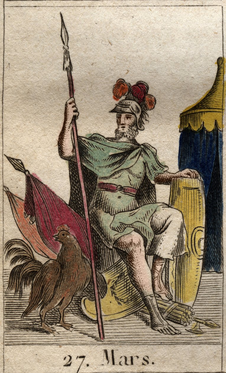Repræsentation af krigsguden Mars, våben, nær en hane. (Krigsguden Mars bevæbnet med en stud). Fra "Mythology of Youth" af Pierre Blanchard 1803. af French School