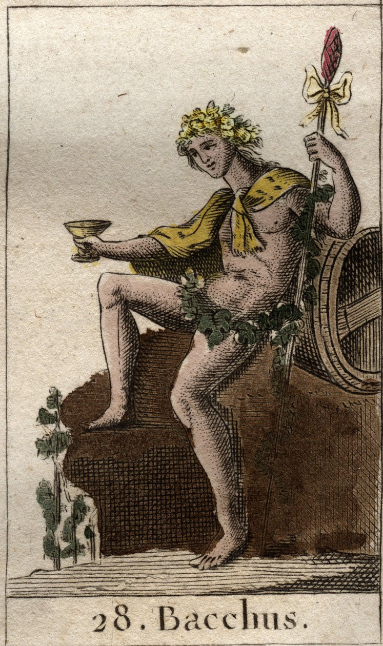 Repræsentation af guden for vin og høst Bacchus, med en kop i hånden. (Guden for vin og druehøst Bacchus med en kop vin). Fra "Mythology of Youth" af Pierre Blanchard 1803. af French School