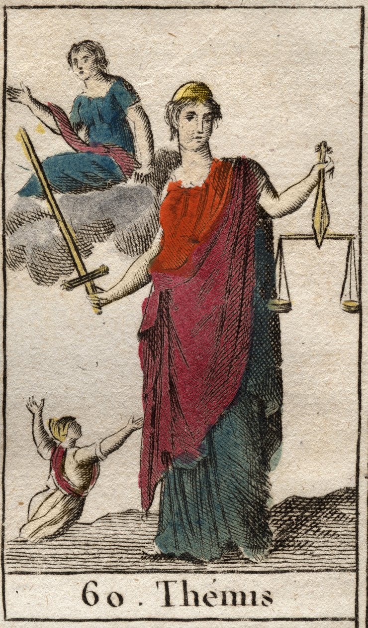 Repræsentation af gudinden for retfærdighed og loven, Themis, hun holder en balance og et sværd. (Repræsentation af Themis, gudinde for retfærdighed og lov, hun har bind for øjnene og holder en balance og et sværd). Fra "Mythology of Youth" af Pierre Blanc af French School