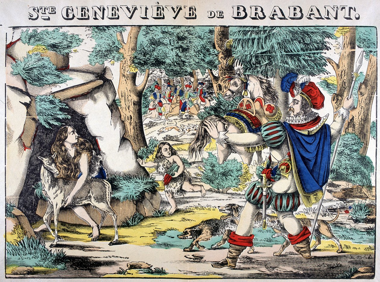 Repræsentation af legenden om Saint Genevieve af Brabant. Scene fra mødet mellem Genevieve forladt i skoven og hendes mand. Billede af Epinal af French School