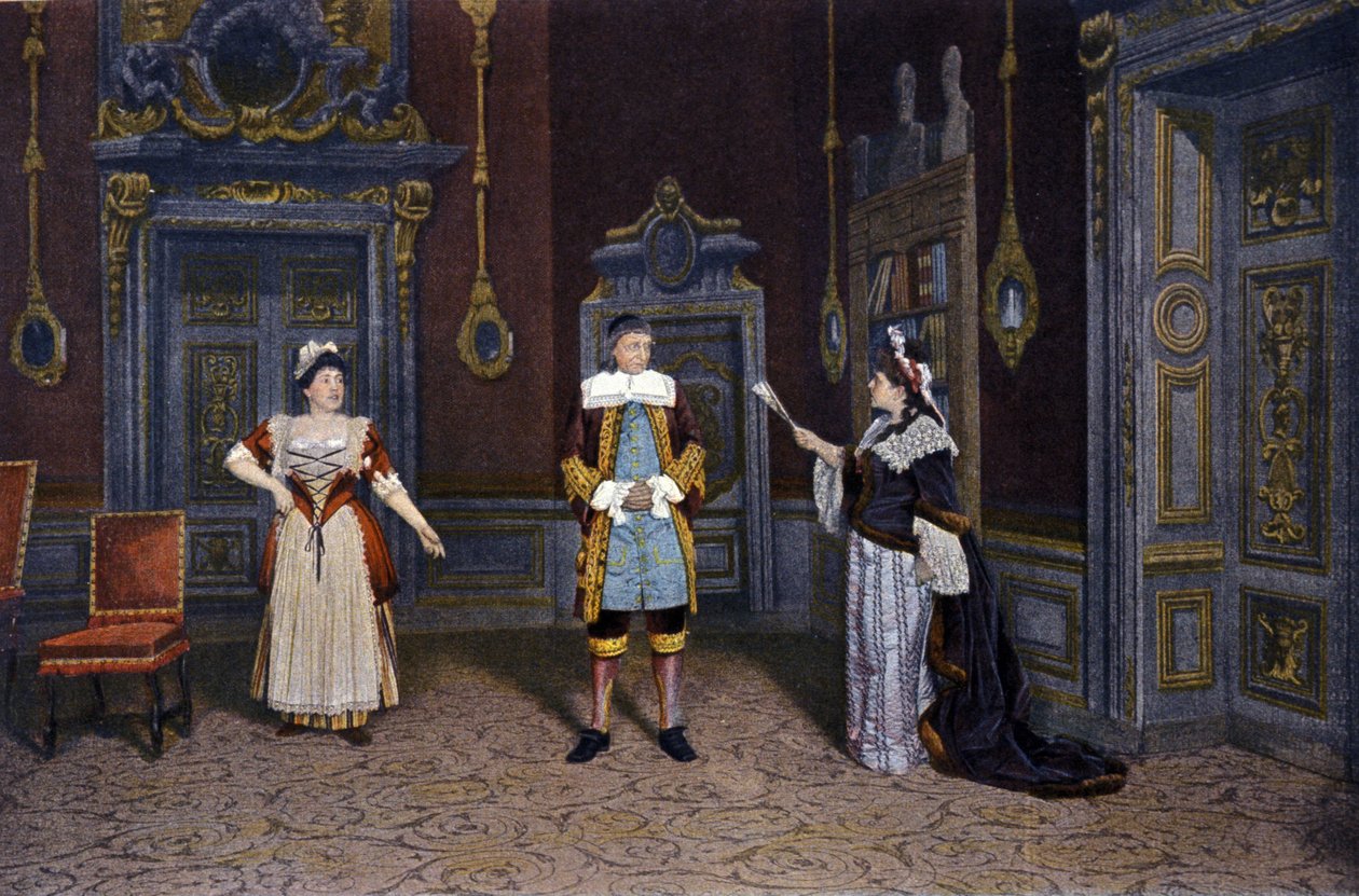 Repræsentation af stykket "Les femmes savantes"" af Jean Baptiste Poquelin dit Moliere (1622-1673) ved Comedie francaise omkring 1885-1890. Fra venstre mod højre: Ms. Rachel Boyer, Mr. Leloir, Ms. Blanche Pierson af French School