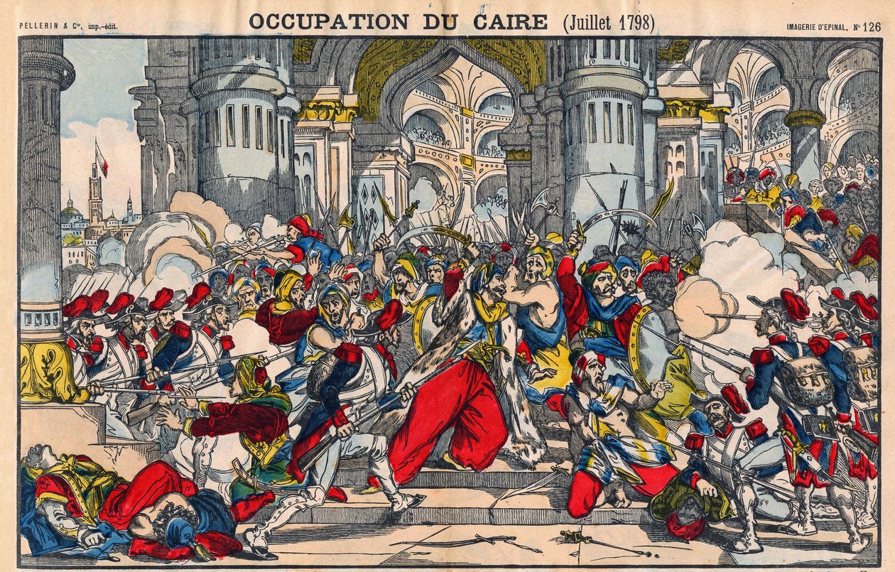 Repræsentation af Kairos indbyggeres oprør mod den franske besættelse ledet af Bonaparte den 21. oktober 1798. Epinal billeddannelse af French School