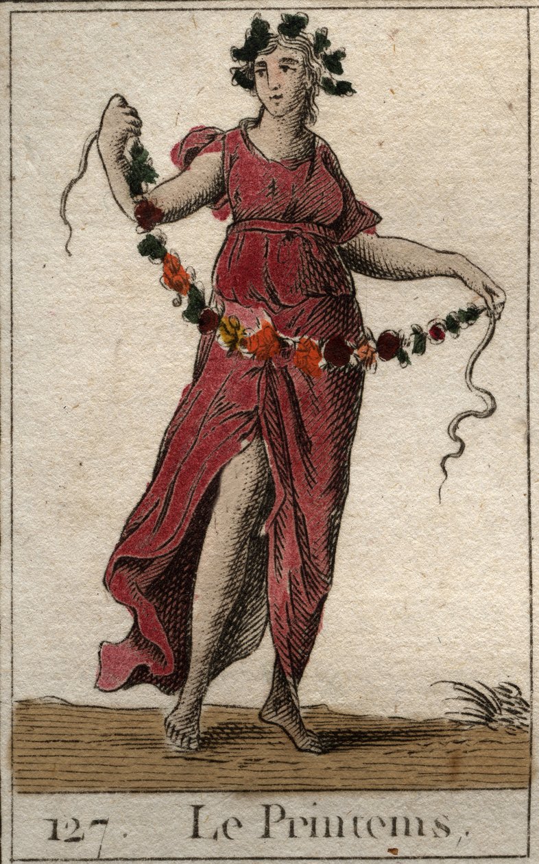Repræsentation af forårssæsonen under linjerne af Flora, der holder en blomsterkrans. (Foråret repræsenteret som Flora, der holder en blomsterkrans). Fra "Mythology of Youth" af Pierre Blanchard 1803. af French School