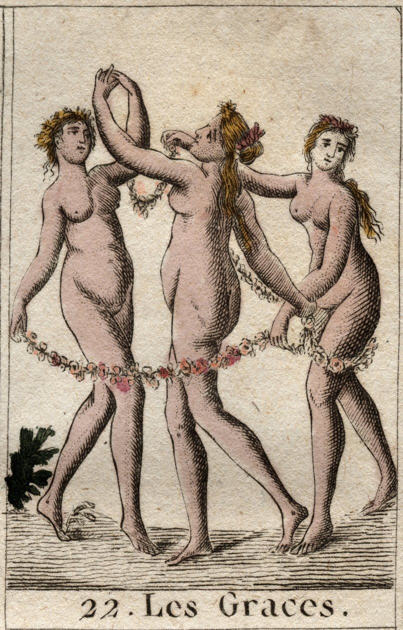 Repræsentation af de tre nåder: Aglae, Thalie og Euphrosyne, datter af Venus og Bacchus (De tre nåder (eller Charites) døtre af Venus og Bacchus. Fra "Mythology of Youth" af Pierre Blanchard 1803. af French School