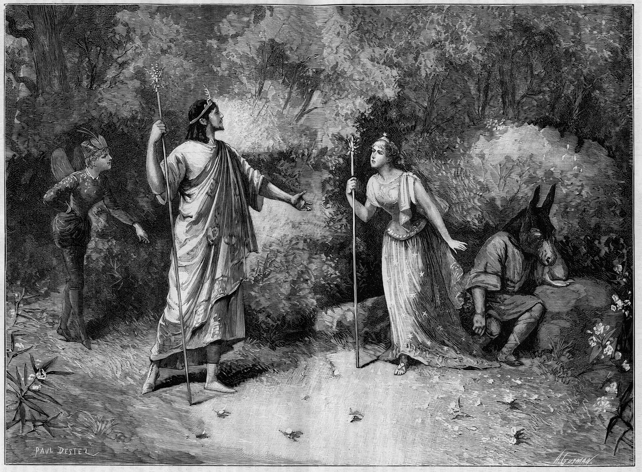 Teaterforestilling: "En skærsommernatsdrøm" af Paul Meurice (1818-1905) efter William Shakespeare (1564-1616). Paris, Nationalteatret i Odeon af French School