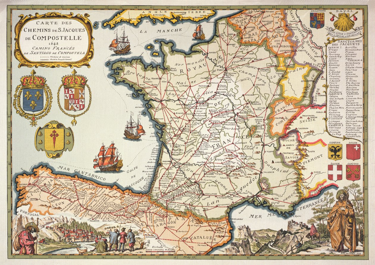 Gengivelse af kort over St. Jakobs ruter fra Compostel, oprindeligt graveret af D.Serveaux 1648 af French School
