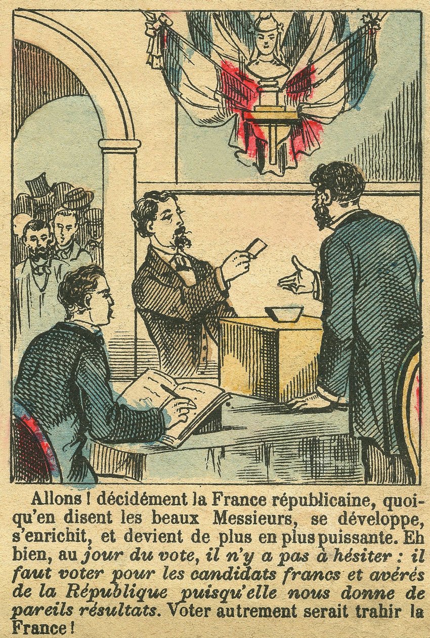 Det republikanske Frankrig fortjente franskmændenes stemme. Gravering, i "Le Figaro, supplement", den 30/03/1889, Paris. Coll. Selva. af French School
