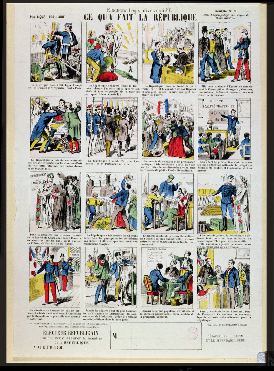 Republikansk propaganda til støtte for grundlæggelsen af den tredje republik, ca. 1881 (se også 162979 og 162980) af French School