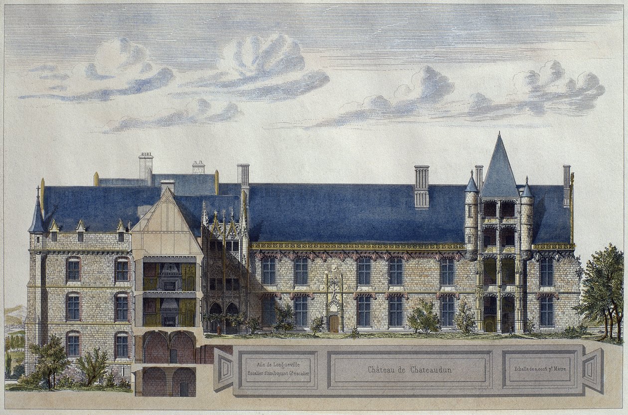 Restaurering af Chateau de Chateaudun, illustration fra Le Moniteur des architectes, graveret af H. Penel (farvestik) af French School