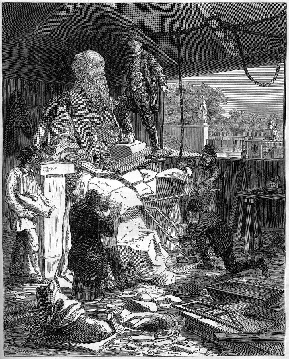 Restaurering af statuerne af Corps-Legislatifs (Nationalforsamlingen eller Palais Bourbon) for at forberede verdensudstillingen i Paris i 1878. Restauratørerne tager sig af statuen af Michel de L
