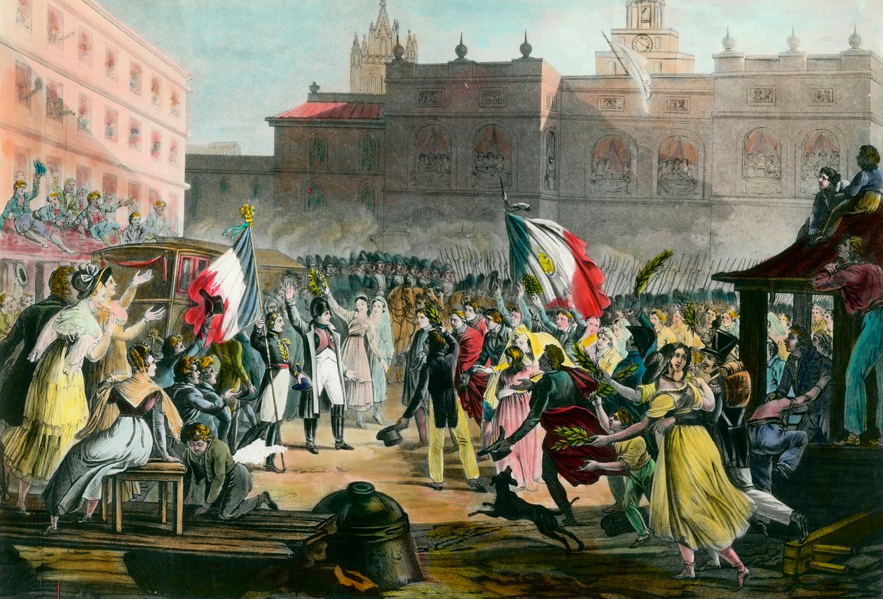 Napoleon Bonapartes (1769-1821) tilbagevenden fra øen Elba til Grenoble i marts 1815. Gravering omkring 1815 Privat samling af French School