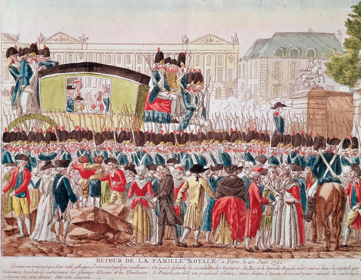 Den franske kongefamilies tilbagevenden til Paris, 25. juni 1791, krydser gruppen Place de la Concorde (gravering) af French School